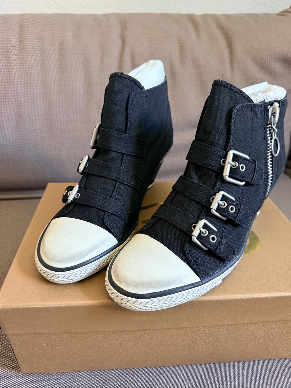 NIB ASH Black Canvas Hidden Wedge High Top Buckle Zip Sneakers